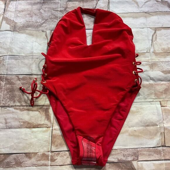 City Chic Womens Swimsuit siz 18 new nwt Lace Up One Piece Red Cherry High Leg - Picture 12 of 12